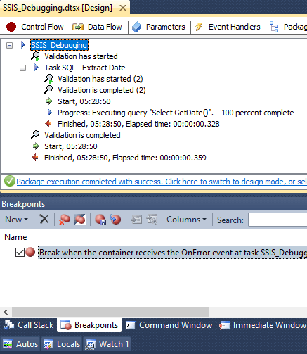 SSIS Package Breakpoints Completion