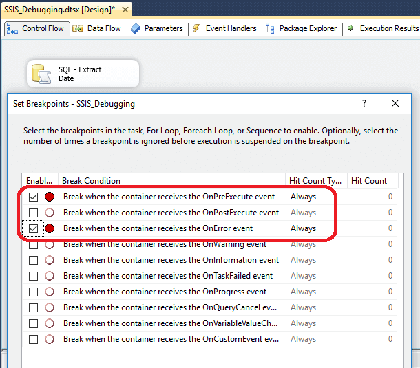 breakpoints have been setup for the package for OnPreExecute and OnError events