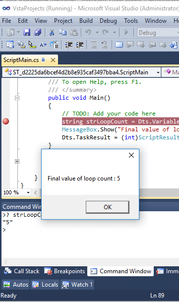 ssis debug for loop count