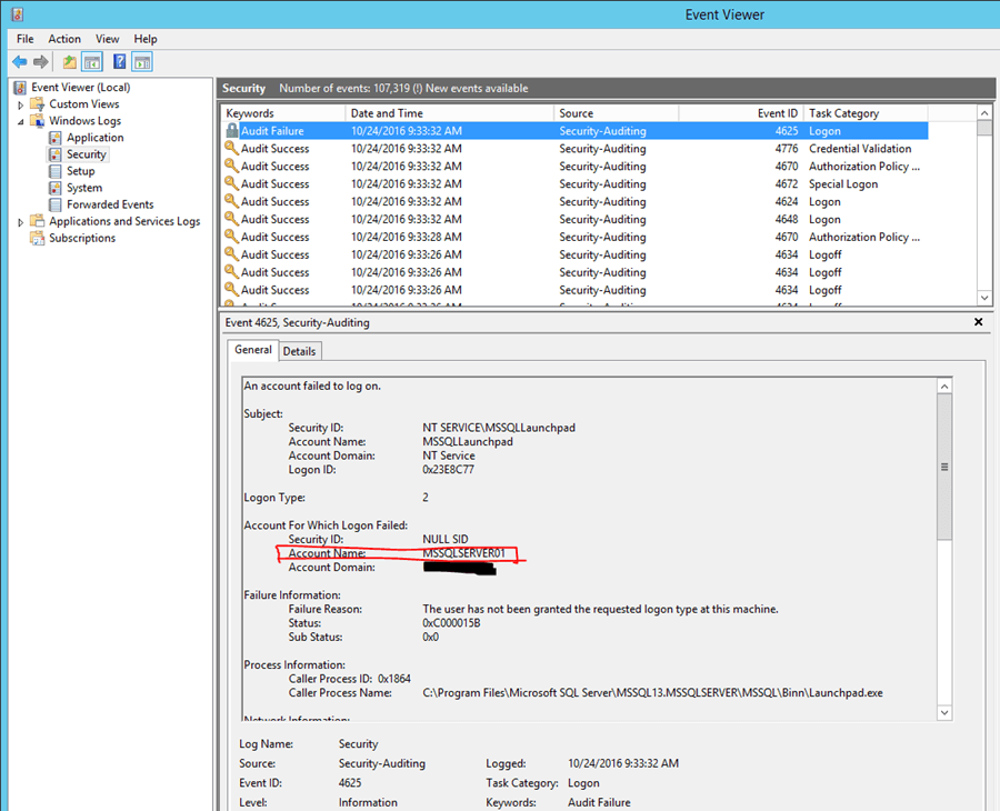 Analyzing the Event Viewer we can see that a Security event ID 4625 has been logged.