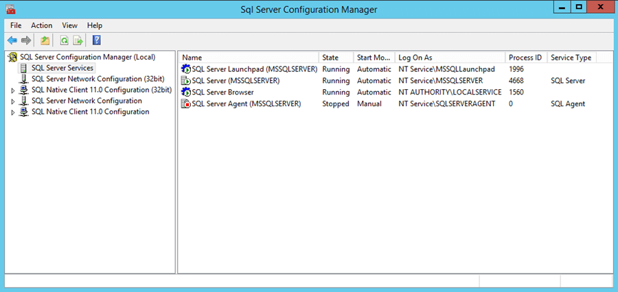 SQL Server Configuration Manager showing the SQL Server Launchpad service is started