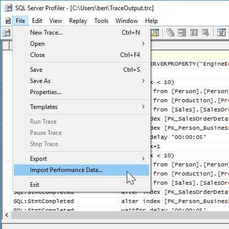 Import Performance Data Menu Item in SQL Server Profiler