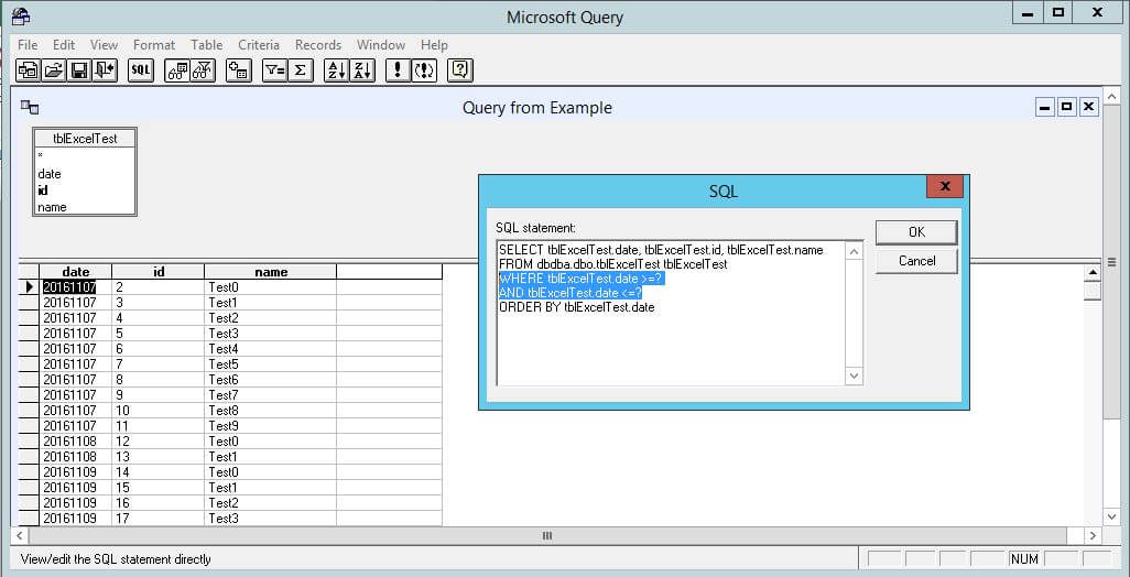 Microsoft Query interface with the query and data