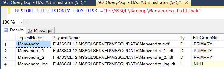 Restore filelist only in SQL Server