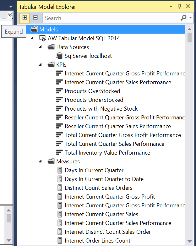 Expand and Collapse the Folders in the SQL Server Data Tools