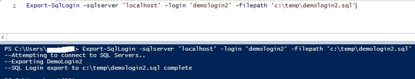 export just DemoLogin2 into file C:\temp\demologin2.sql