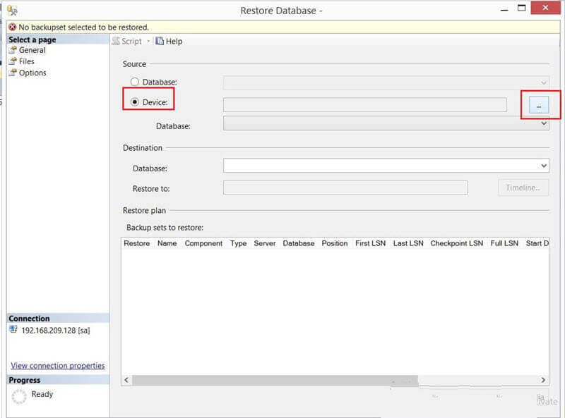 Restore Database - Select the device in SSMS