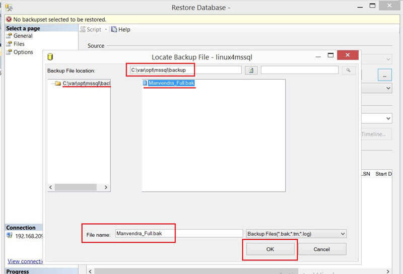 Update the parameters for the Locate Backup File window in SSMS