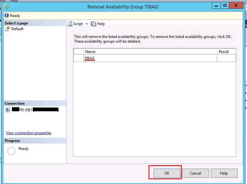 Remove Availability Group in SQL Server Management Studio
