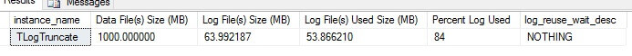 database transaction log file size is 64MB and the log used size is 54MB