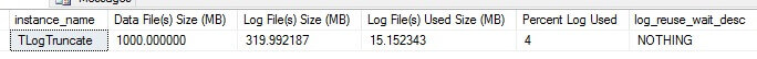 log file used size is now 15MB indicating the transaction log has now been truncated and the inactive portion of the log file has been marked to be reused