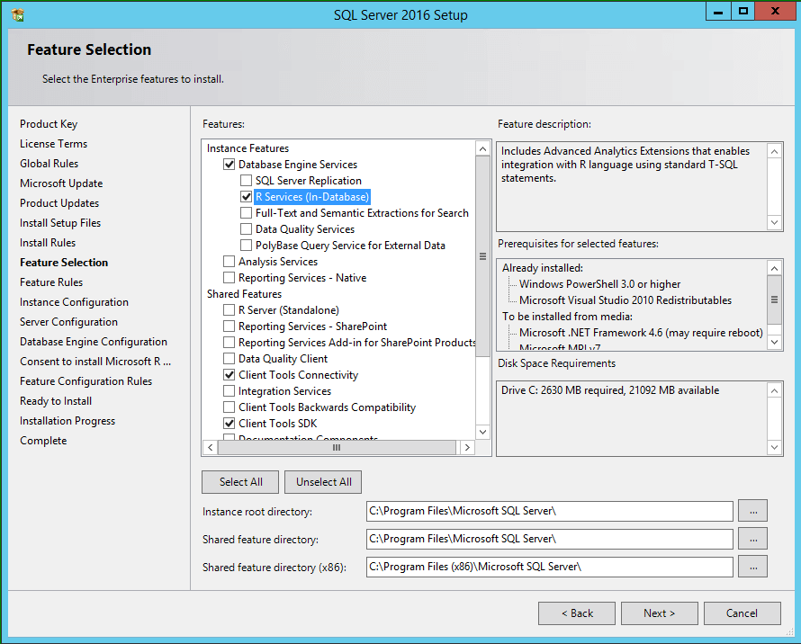SQL Server 2016 Setup Features Selection