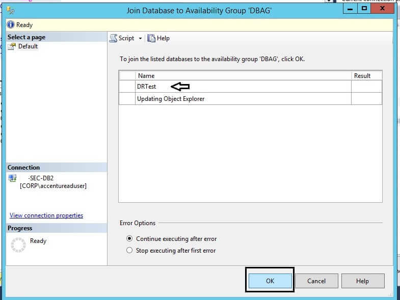 join Database to Availability Group window