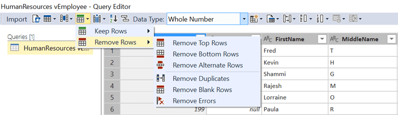 Remove Rows Options in SQL Server Data Tools for Analysis Services