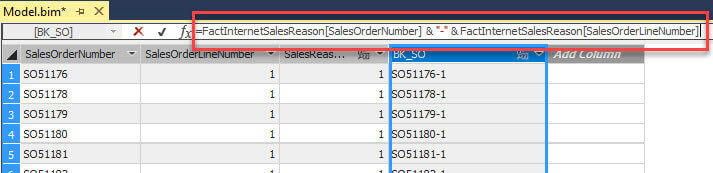 sales order header and line numbers are concatenated together using calculated columns in the fact table and bridge table