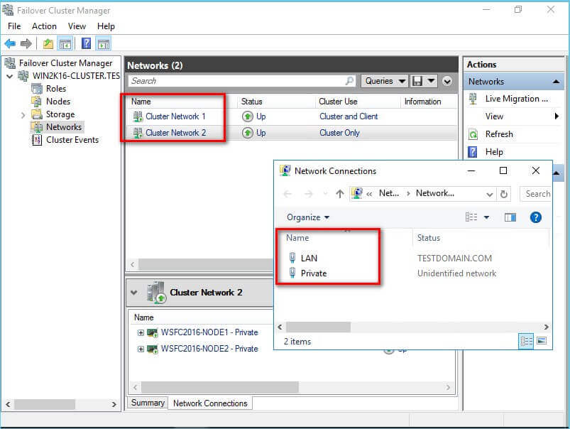 Cluster networks in the Failover Cluster Manager