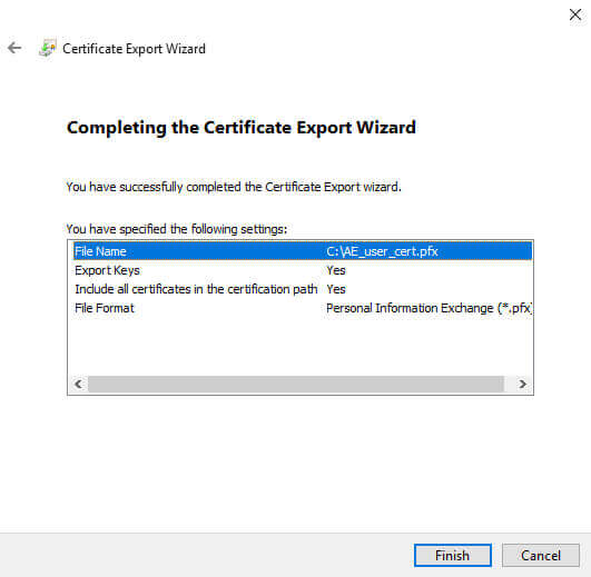 Certificate Manager Export Wizard Finish