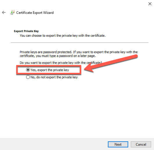 Certificate Manager Export Wizard private key