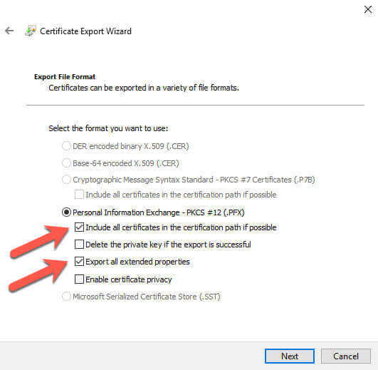 Certificate Manager Export Wizard file format options