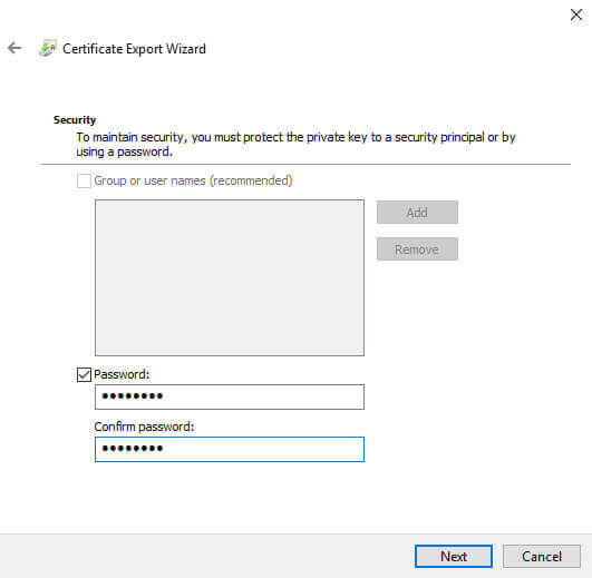 Certificate Manager Export Wizard file password