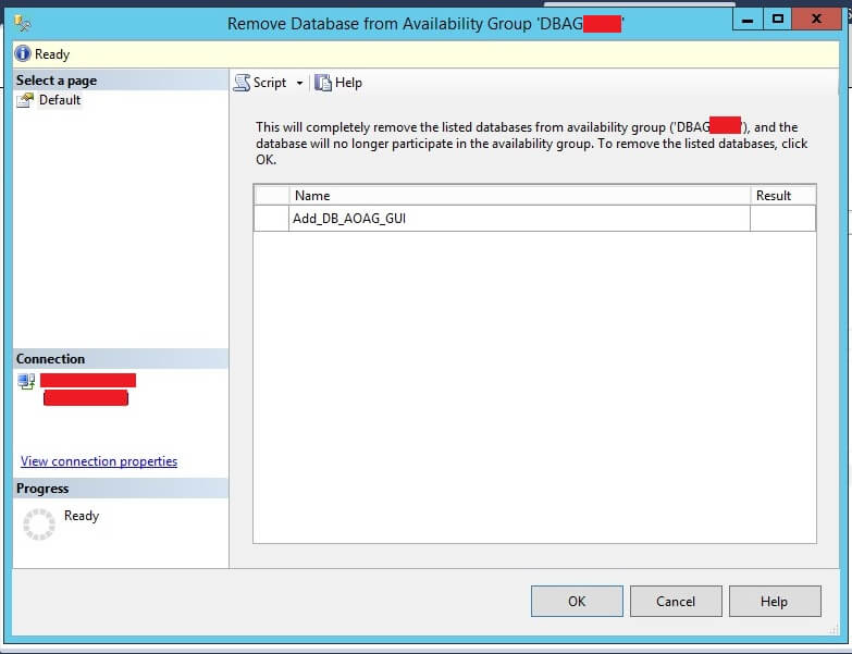Remove Database from Availability Group window