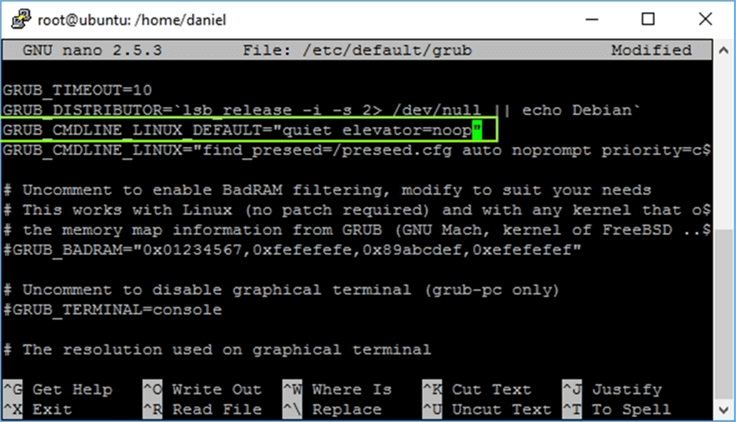 nano_capture - Description: This image shows how to modify the /etc/default/grub file to add the elevator clause.