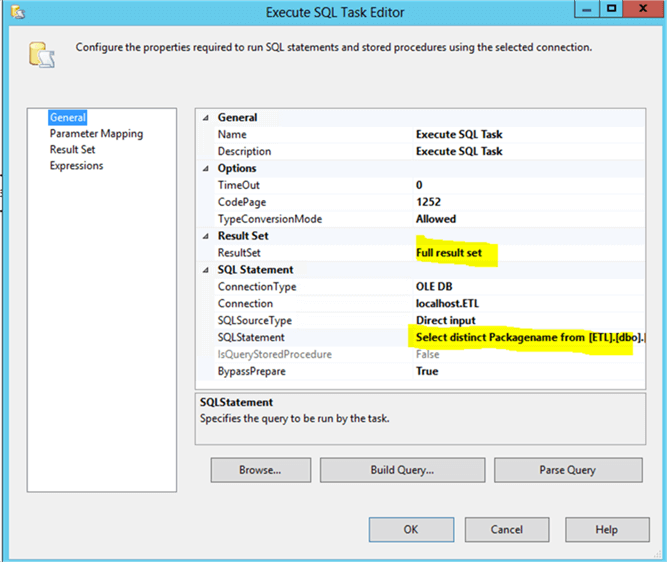 Execute SQL Task - Description: Execute SQL task editor will be configured in this manner