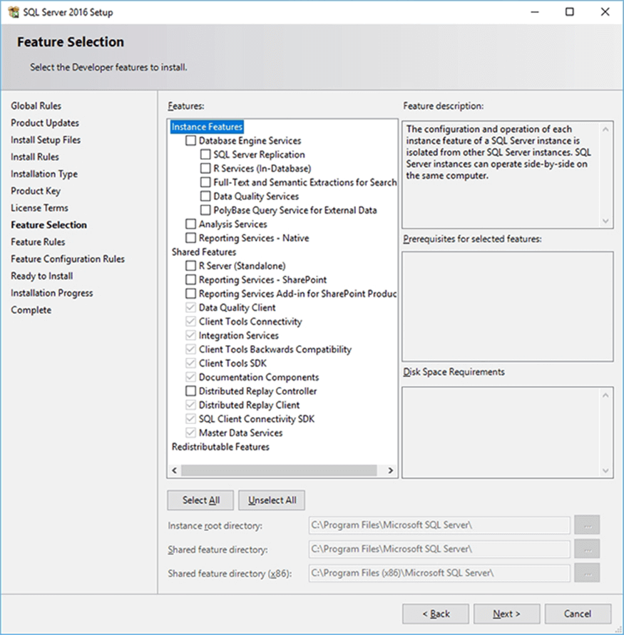 Features - Description: SQL Server Installer Feature Selection Screen.