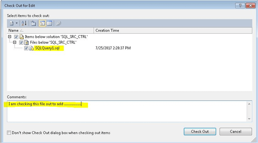 Dialog box to enter comment for Source Control in SSMS