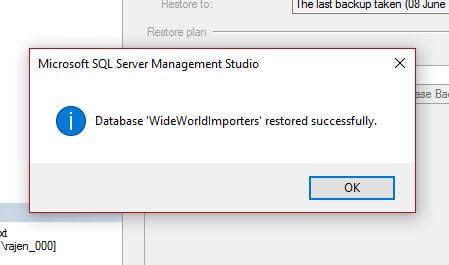 Successful SQL Server Database Restore in Management Studio 2017