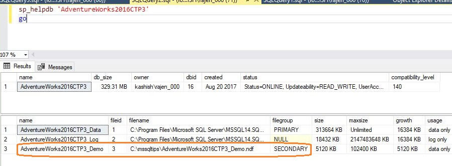 SQL Server Database Properties Secondary Filegroup