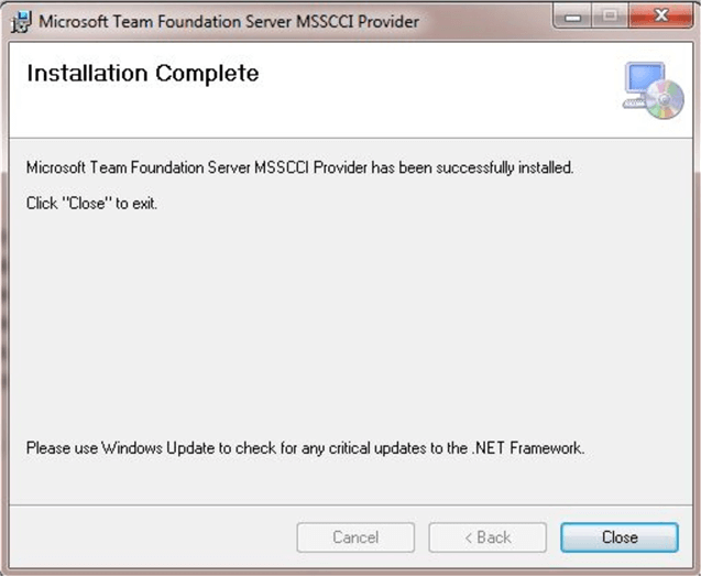 Microsoft Team Foundation Server Plug-in Installation Complete