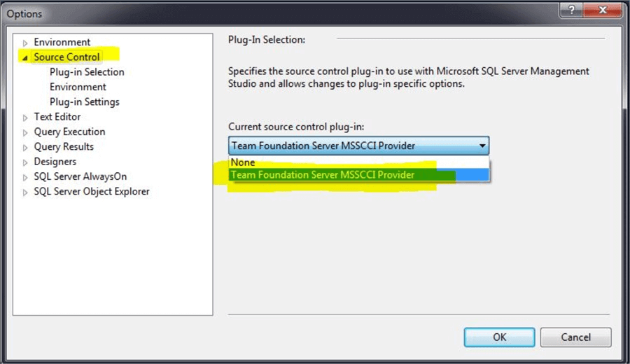 Select the Team Foundation Server Plug-in in SSMS