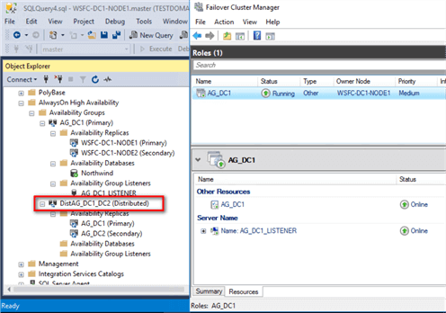 Review the Distributed Availability Group by expanding the Availability Groups folder in SSMS. Notice the word Distributed appended to the Distributed Availability Group.