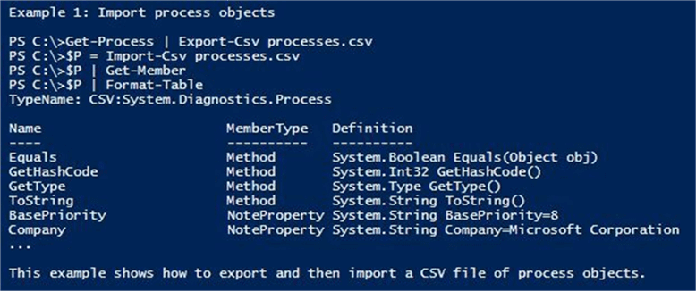 Export-Csv cmdlet - Description: Extended help using the -Detailed option of the Get-Help cmdlet.
