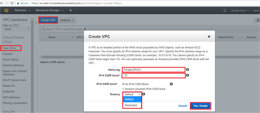 Create VPC dialog box, put the name tag, IPV4 CIRD Block and Tenancy Select Default or dedicated - Description: Create VPC dialog box, put the name tag, IPV4 CIRD Block and Tenancy Select Default or dedicated  if you select default then the instance will run on shared hardware, and if select dedicated then instance will run on single tenant hardware. Now hit Yes, Create.
