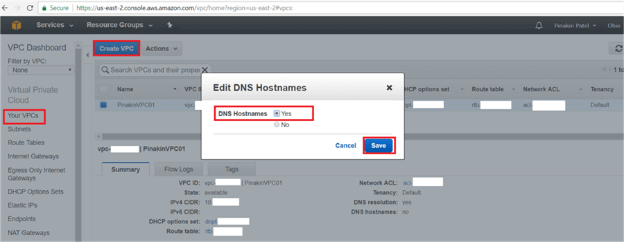 On Edit DNS Hostnames dialog box select Yes and Save it. - Description: On Edit DNS Hostnames dialog box select Yes and Save it.