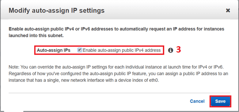 On Modify auto-assign IP setting dialog box, check auto-assign IPs and click on Save. - Description: On Modify auto-assign IP setting dialog box, check auto-assign IPs and click on Save.