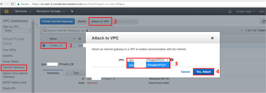 On Attach to VPC Dialog Box, select the VPC and click on Yes, Attach.  - Description: On Attach to VPC Dialog Box, select the VPC and click on Yes, Attach. 