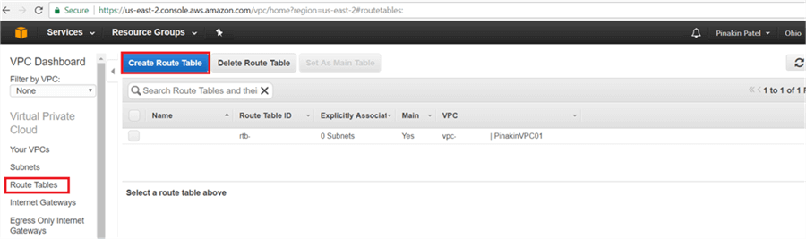 On Route Table page, click on Create Route Table. - Description: On Route Table page, click on Create Route Table.