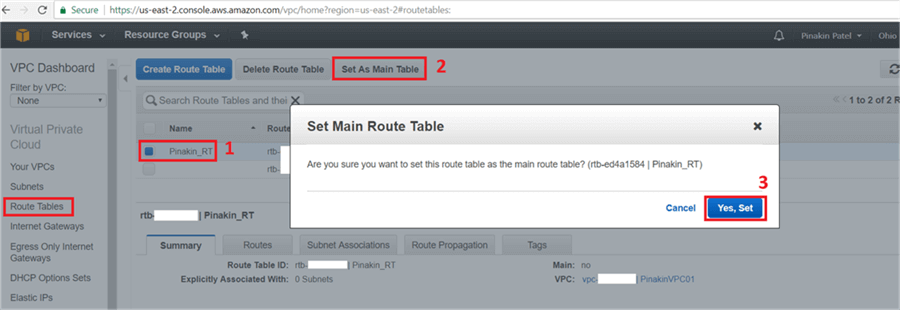 On Set Main Route Table dialog box click Yes, Set. - Description: On Set Main Route Table dialog box click Yes, Set.