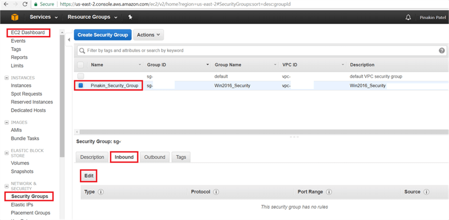 On EC2 Dashboard page, go to the Security Groups and select newly created security group, then go to the Inbound Tab and click on Edit. - Description: On EC2 Dashboard page, go to the Security Groups and select newly created security group, then go to the Inbound Tab and click on Edit.