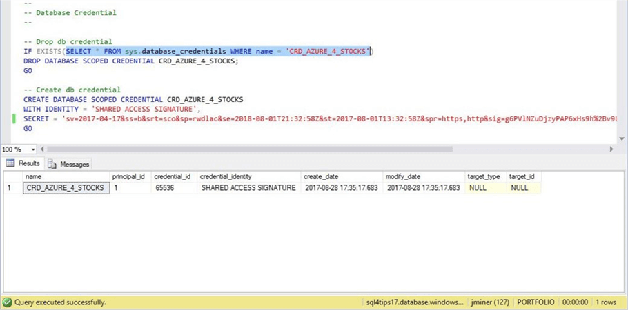 SSMS - Database Credential - Description: Using the SAS token to define the credential.