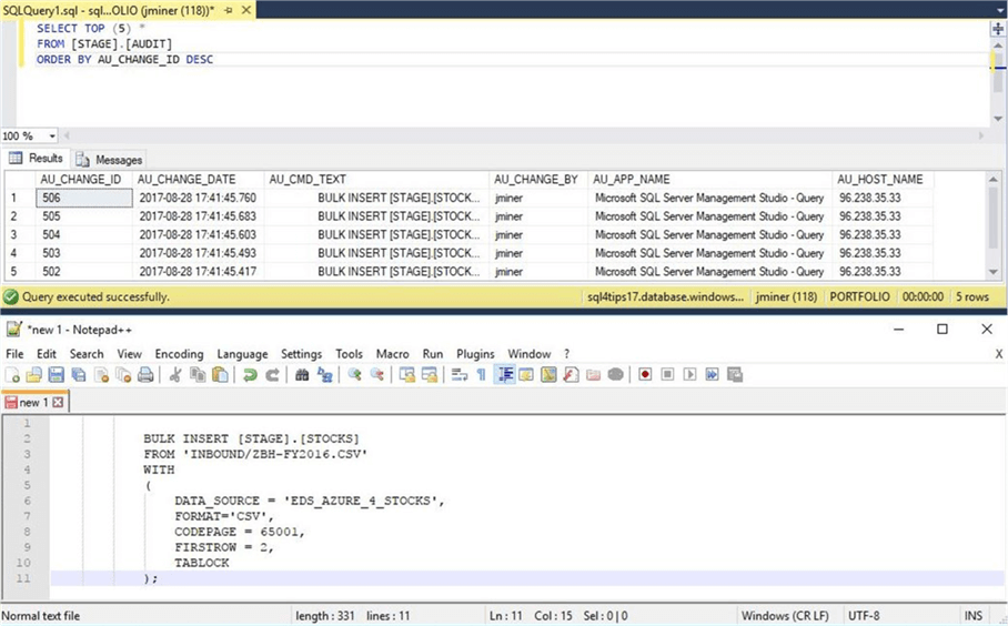 SSMS - Executing load from blob storage S.P. - Description: The audit table contains a track of our actions.
