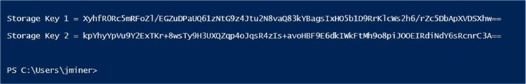 Azure SQL DW & PolyBase - Storage Keys - Description: Screen shot from PowerShell ISE showing the two keys associated with the storage account.