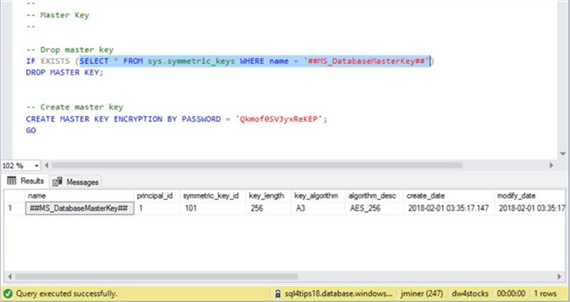 Azure SQL DW & PolyBase - Master Key - Description: Screen shot from SSMS showing the master key for the logical server.