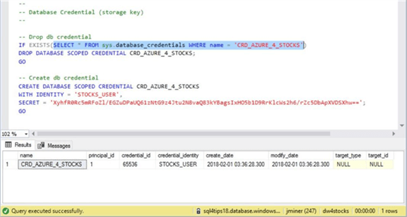 Azure SQL DW & PolyBase - Database Credential - Description: Screen shot from SSMS showing the database credential.