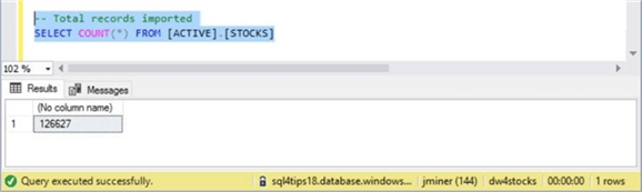 Azure SQL DW & PolyBase - Staging Table Record Count - Description: Screen shot from SSMS showing the total number of records in the staging table.