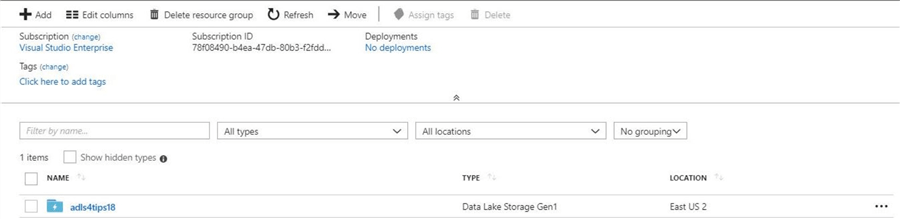 The new ADLS account shown in the Azure Portal.