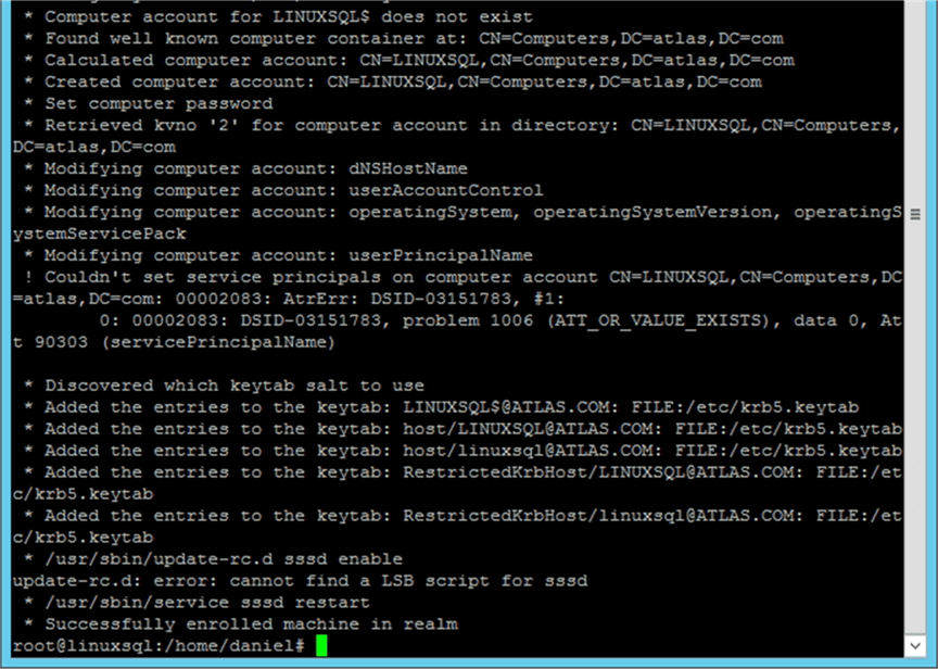Joining the Server into Active Directory part two. - Description: This is what you may expect to see when joining a Linux server into Active Directory.